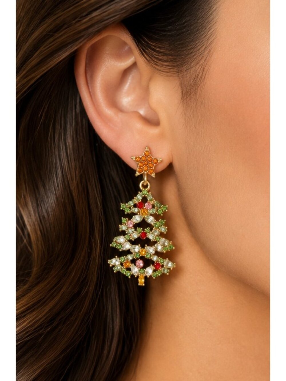 18K Gold Plated Rhinestone Christmas Tree Dangle Earrings Star Holiday Jewelry